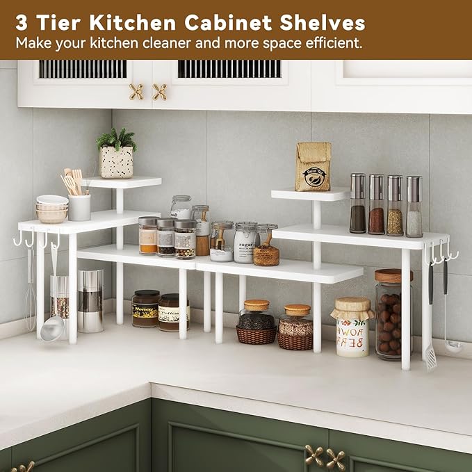 IBUYKE Countertop Organizer,3-Tier Spice Racks,Kitchen Counter Corner Shelf,4 Side Hooks,Adjustable Countertop Shelf for Kitchen, Bathroom, Coffee Bar, Cabinet, Desk,White,TLJ023W-NeatNest