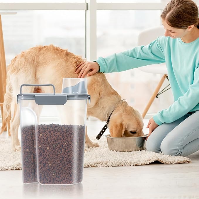5-7Lbs Dog Cat Food Storage Container with Upgraded Large Nozzle BPA-free, 4 Snap Seals Plastic Pet Food Storage Containers with Handles (2, Gray Blue + Red, 5L)-NeatNest