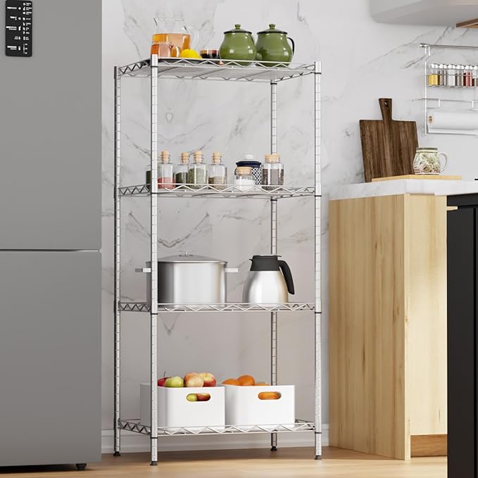 4-Tier Wire Shelving Unit 600 lbs Weight Capacity Storage Shelves Metal Frame Garage Shelves Easy Installation Metal Shelves for Home Kitchen Garage Pantry, 12" Dx18 Wx44 H, Chrome