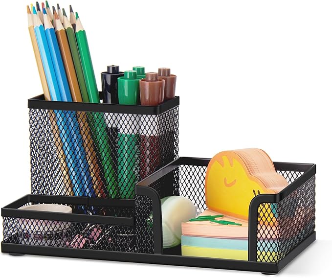 Comix Mesh Pen Pencil Holder Desk Organizer, 3 Compartment Wire Desktop Pen Pencil Cup Caddy Office Supplies Desk Accessories for Home Office School, Black-NeatNest