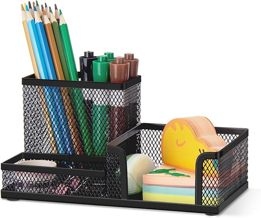 Comix Mesh Pen Pencil Holder Desk Organizer, 3 Compartment Wire Desktop Pen Pencil Cup Caddy Office Supplies Desk Accessories for Home Office School, Black-NeatNest