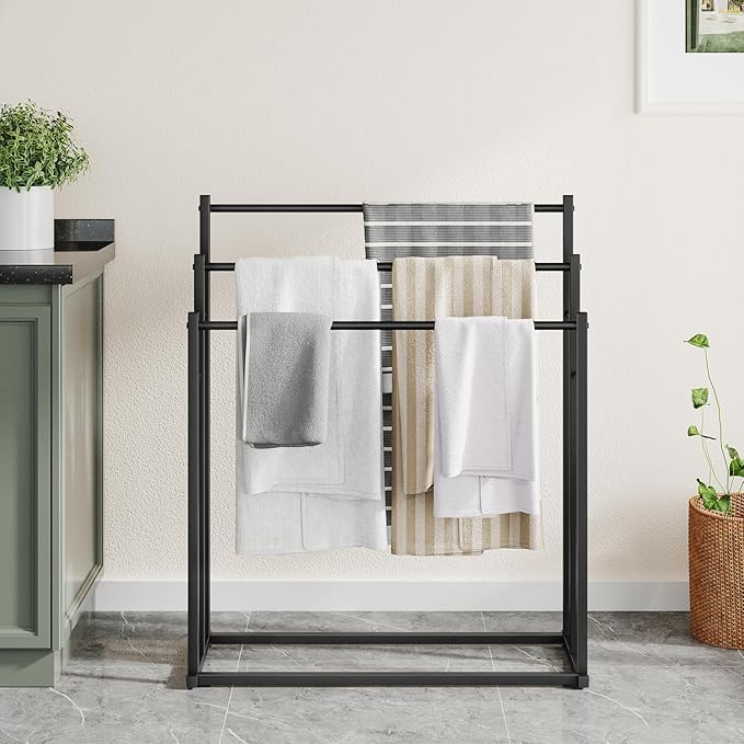 Honiter Towel Racks for Bathroom, 3 Tier Wide Towel Drying Rack Outdoor, Free Standing Towel Rack, Pool Towel Blanket Stand and Display Rack for Oversized Bath Towels, Black