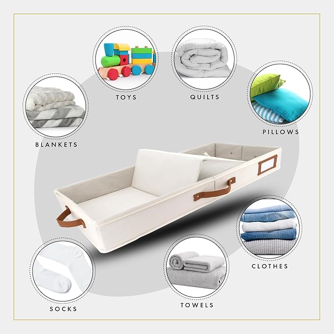 HOMELUX THEORY 2pc Low Profile Under Bed Storage Containers, Thin Under Couch Storage Organizer with Bins & Lids, Underbed Storage Box Ideal for Seasonal Clothes, Blankets, Fabric & Shoes (Ivory)-NeatNest