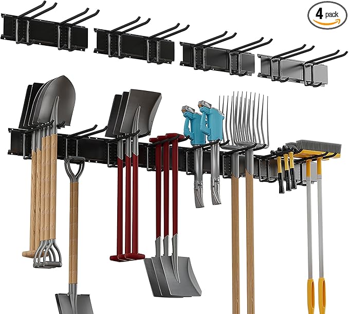 Garage Tool Rack Wall Mount – 64 inches Heavy-Duty Garden Tool Holder with 8 Adjustable Hanging Hooks – Garage Wall Storage Organizer for Shovel, Rake – Max Load 720 lbs (64 inch)