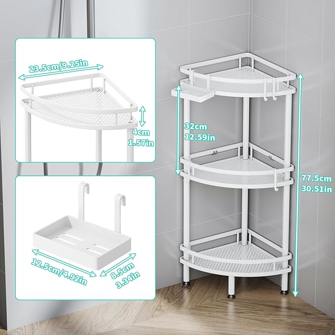 HapiRm Standing Corner Shower Caddy - 3 Tier Shower Organizer Corner with Soap Holder and 4 Hooks, Rustproof Bathroom Storage Shelves with Adhesives, White