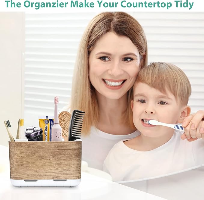 Boperzi Toothbrush and Toothpaste Holder Wood Grain for Bathroom Countertop with Adjustable Dividers, Toothpaste Caddy Organizer Storage Rustic Decor Set Freestanding Anti-Slip for Shower,Family,Kids-NeatNest