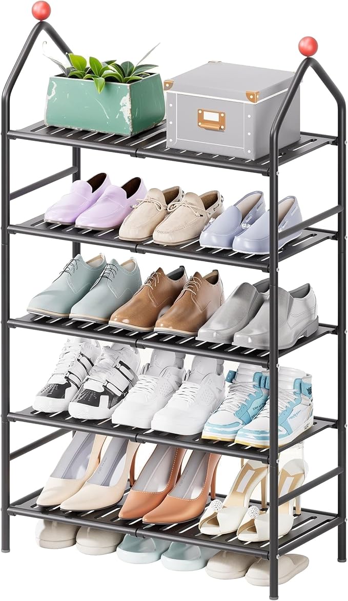 Shoe Rack, 5-Tier Shoe Organizer, Metal Storage Shelf, Shoe Rack for Closet, Free Standing Shoe Racks for Entryway, Garage & Doorway, Sturdy Shoe Shelves, Black-NeatNest
