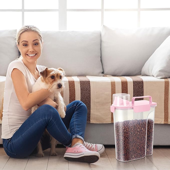 5-7Lbs Dog Cat Food Storage Container with Upgraded Large Nozzle BPA-free, 4 Snap Seals Plastic Pet Food Storage Containers with Handles (1, Light Pink, 5L)-NeatNest