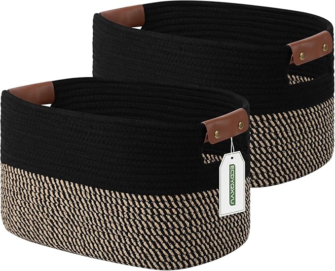 Cotton Rope Basket , Storage Baskets with Handle, 15x10x9 Inch Woven Basket for Shelves, Laundry, Towels, Clothes, Books, Toys (Black Brown 2 Pack)-NeatNest