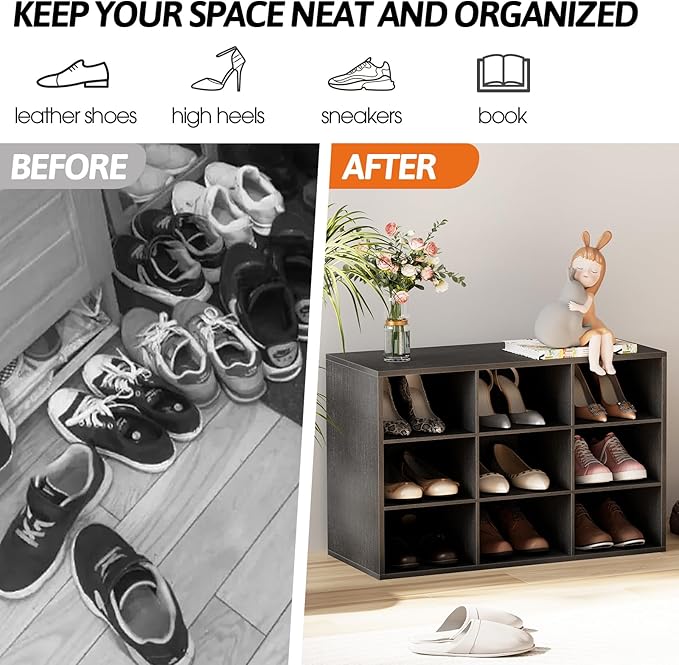 Garden 4 you Shoe Storage Bench, Cubby Shoe Rack with 9 Cubbies, 3-Tier Wood Shoe Rack Organizer, Shoe Organizer Cabinet for Entryway, Hallway, Closet and Garage, Black-NeatNest