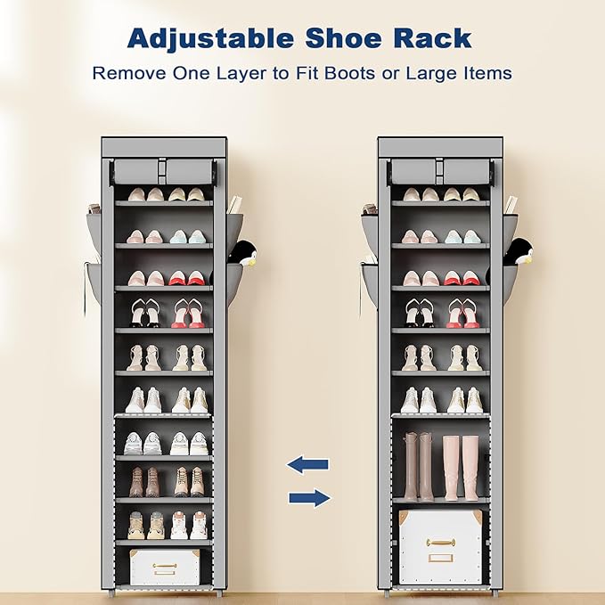 Mavivegue Shoe Rack with Cover, 10 Tier Tall Shoe Organizer for 18-22 Pairs of Shoes, Shoe Storage Organizer for Entryway, Closet, Garage, Grey-NeatNest