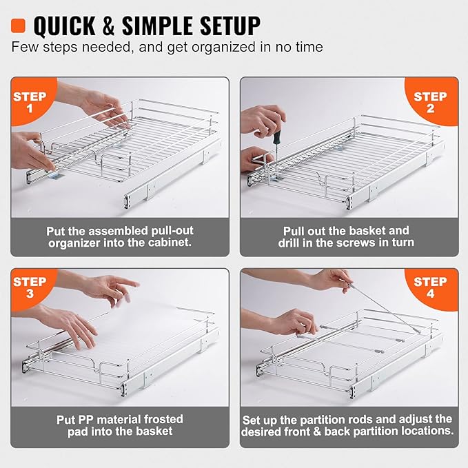 VEVOR 12.5"Wx21"Dx3.5"H Pull Out Cabinet Organizer, Heavy Duty Slide Out Pantry Shelves, Chrome-Plated Steel Roll Out Drawer, Drawer Storage for Home Under Sink, 14"Wx22"Dx7"H Install Size for Cabinet-NeatNest