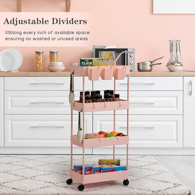 danpinera Slim Storage Cart, 4 Tier Bathroom Organizer Narrow Laundry Cart with Wheels Dividers Hanging Cups Hooks Handle Makeup Lash Cart Shelf Organizer Rack Unit Easy Assembly, Pink