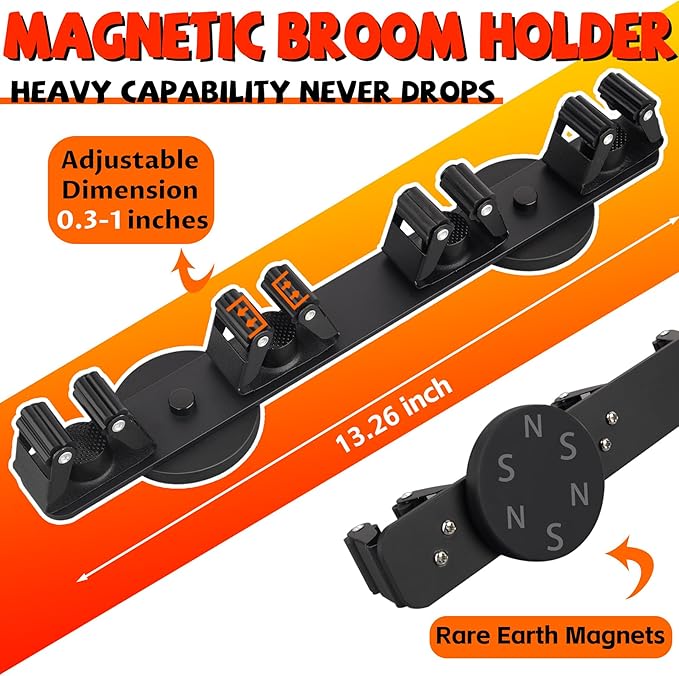 Magnetic Broom Holder Rack,Strong Magnetic Mount Mop Holder 4 Racks for Cleaning Tools,Non-slip Magnetic Tool Holder Broom Hooks for Apartment RV Camper Garage Kitchen-NeatNest