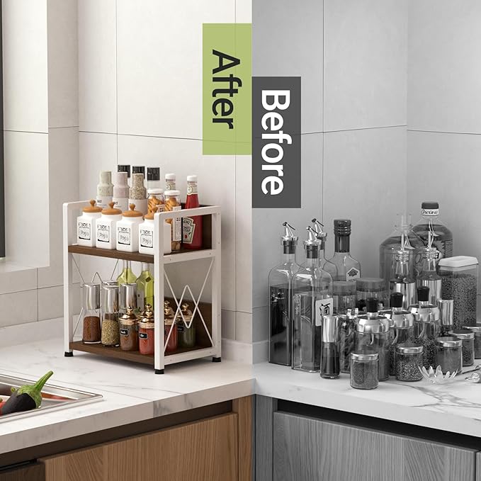 Aduanbang Coffee Bar Accessories Organizer, 2 Tier Wooden Kitchen Counter Shelf, Coffee Organizer Station for Countertop, Condiment Rack for Mugs, Cups, Cream, Syrup-NeatNest