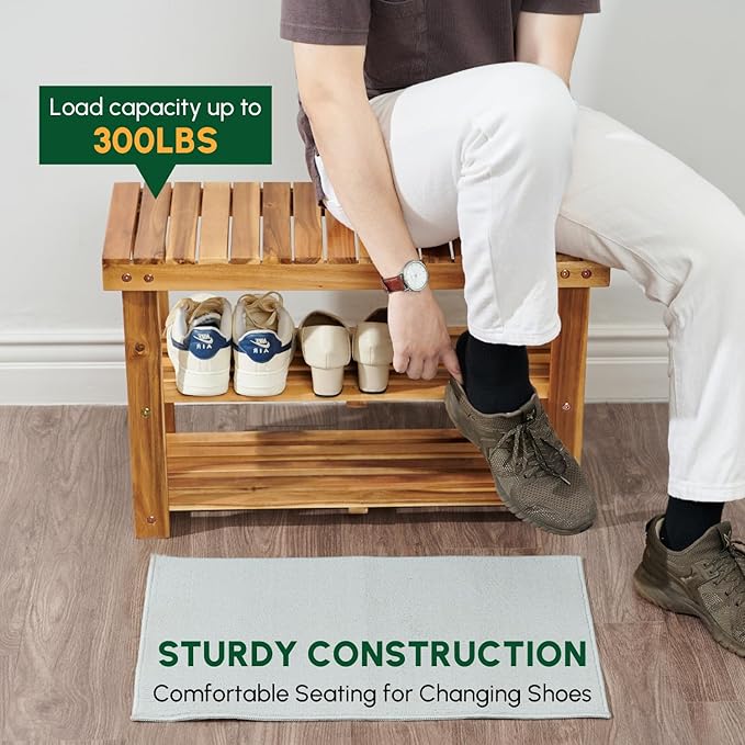 BEEFURNI Acacia Shoe Rack Bench, 3-Tier Sturdy Shoe Storage Bench, Wooden Footwear Organizer, 300 LBS Load Capacity, Perfect for Closet Entryway Bathroom, 1-Year Manufacturer Warranty, Natural Acacia-NeatNest