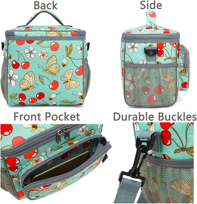 FlowFly Insulated Reusable Lunch Bag Adult Large Lunch Box for Women and Men with Adjustable Shoulder Strap,Front Zipper Pocket and Dual Large Mesh Side Pockets,Cherry-NeatNest