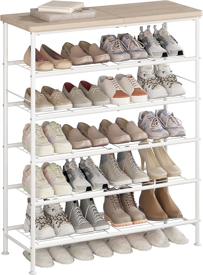 Shoe Rack Organizer 6 Tier for Closet Entryway Free Standing Metal Storage Shoe Shelf with MDF Top Board，White+Oak-NeatNest