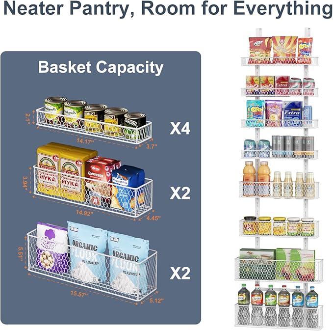 8-Tier Over The Door Pantry Organizer,Hanging Spice Rack with Adjustable Basket,Over Door Racks,Pantry Organization And Storage, Laundry Room,Bathroom,Large Capacity,D5.3xW15.7xH74.8 in