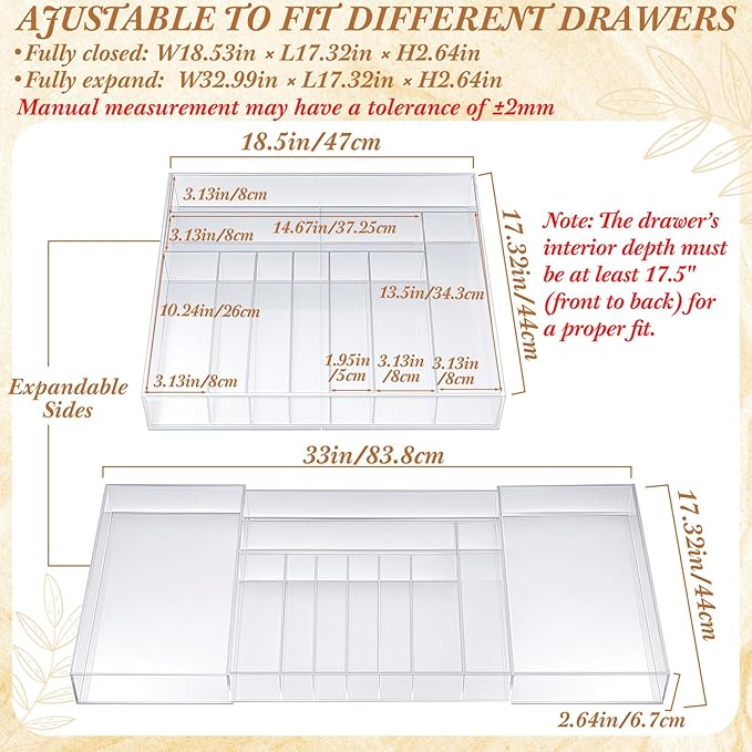 Expandable Kitchen Drawer Organizer Clear Acrylic Utensil Organizer Adjustable Acrylic Silverware Storage for Kitchen Drawers Silverware Flatware Knives (9-11 Compartments,18.5 x 17.4 Inches)