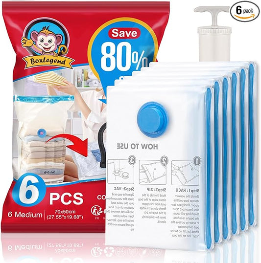BoxLegend Vacuum Storage Bags with Hand Pump 6 Medium 19.68’’x27.56’’ Thickened Vacuum Seal Bags for Clothing Space Saving for Blanket Pillow Comforters Bedding Quilt Coat-NeatNest