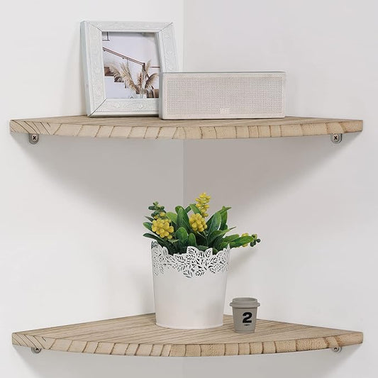 10 inch Corner Wall Shelf, Set of 2 Solid Wood Corner Floating Shelves for Wall, Round End Wall Mounted Floating Corner Shelf for Bedroom, Living Room and Kitchen (Carbonized-10 inch)-NeatNest