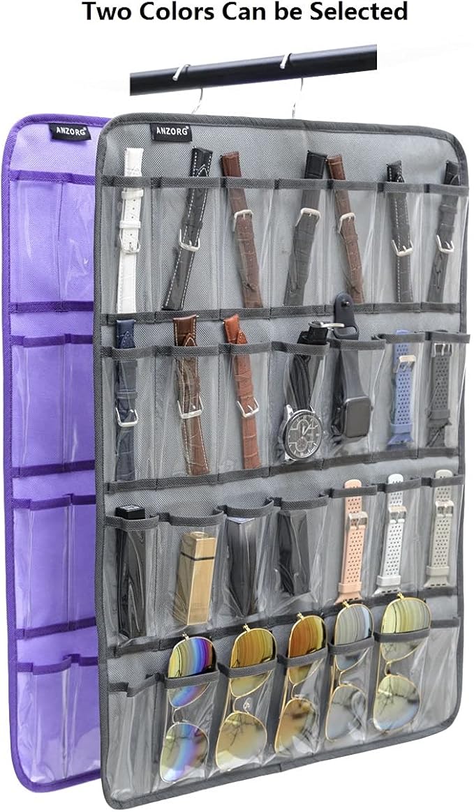 Hanging Watch Band Organizer Watch Bands Straps Accessories Holder Watches Storage Display Case with 28 Clear Pockets (PURPLE)-NeatNest