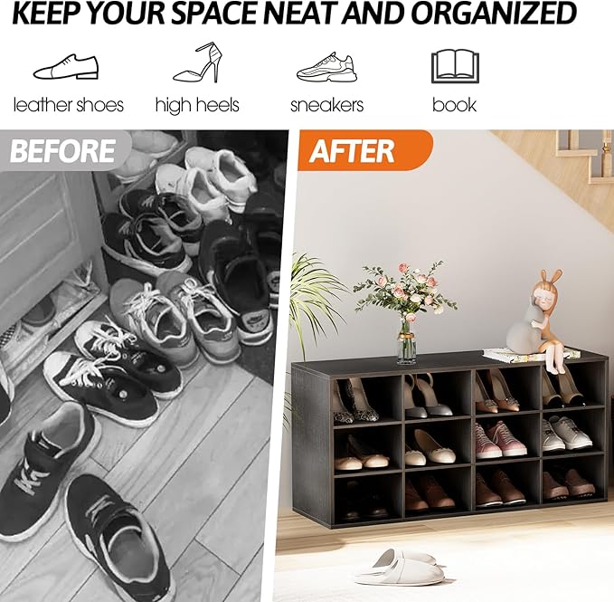 Garden 4 you Shoe Storage Bench, Cubby Shoe Rack with 12 Cubbies, 3-Tier Wood Shoe Rack Organizer, Shoe Organizer Cabinet for Entryway, Hallway, Closet and Garage, Black-NeatNest