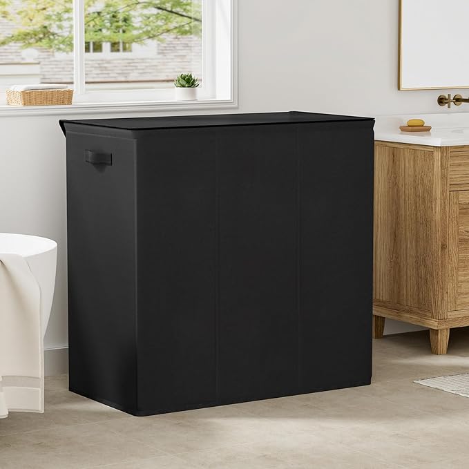 WOWLIVE 180L Laundry Hamper with Lid 3 Section,Large Laundry Basket with Removable Bags and Handles,Collapsible Dirty Clothes Hampers for Laundry,Laundry Basket Organizer for Laundry Room,Dorm,Black-NeatNest