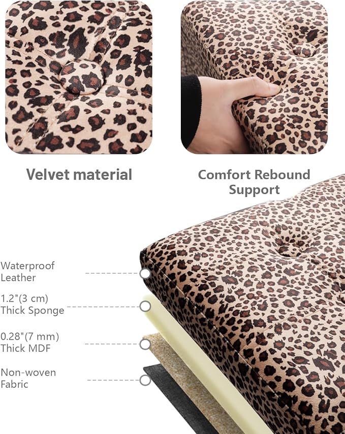 AmasSmile Footrest Ottoman Bench with Storage,34Inch Leopard Print Velvet Footstool, Coffee Table, Padded Seat, Storage Chest,Blanket Store with Flipping Lid for Livingroom and Bedroom
