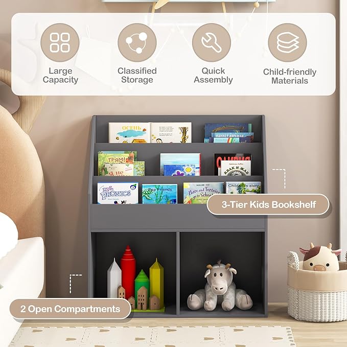 Costzon Kids Bookshelf, Wooden Toy Storage Cabinet Organizer w/Shelves, 2 Large Cubes & Anti-Tipping Devices, Children Bookcase Display Sling Book Rack for Kids Room, Nursery, Kindergarten (Gray)-NeatNest