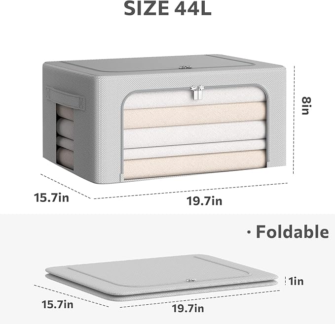 3Pack Frame Storage Box - Clothes Storage Bin Bags Oxford Fabric Foldable Stackable Container Organizer Set with Clear Window & Carry Handles (Grey, Medium-44L)-NeatNest