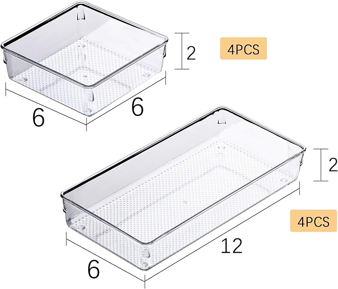ihomecooker 3 Pack Clear Plastic Drawer Organizer Tray Cutlery Utensil Makeups Drawer Silverware Organizers 12" X 6"… (8P(6x6+6x12))-NeatNest