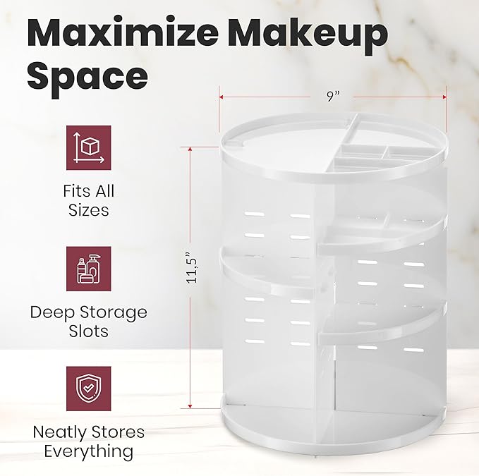 Masirs 360 Rotating Makeup Organizer - Adjustable Shelf Height and Fully Rotatable. The Perfect Cosmetic Organizer for Bedroom Dresser or Vanity Countertop. (White)-NeatNest