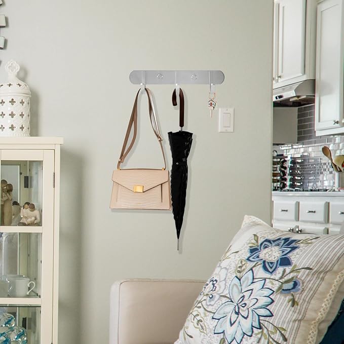 Coat Hook Rack Brushed Nickel 8-Inch Coat&Towel Hook Rail Wall Mounted with 3 Hooks, Durable Wall Hangers for Bedroom, Bathroom, Foyer, Hallway (SUS304 Stainless Steel)-NeatNest