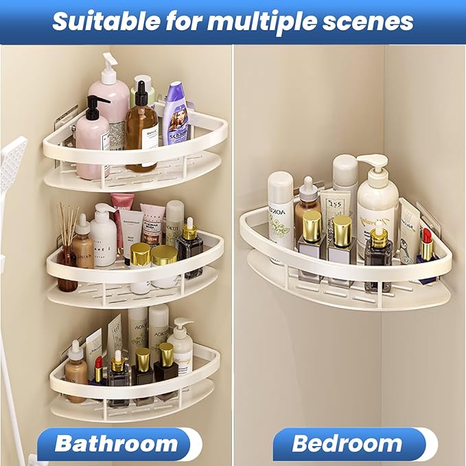 lanlord Wall Mounted Shower Organizer Corner Shower Caddy,2 Tier No Drilling Adhesive Shower Corner Shelf,Bathroom Shower Shelves Corner, with Hooks,Corner Shower Caddy Suction Cup,White （2LWAT