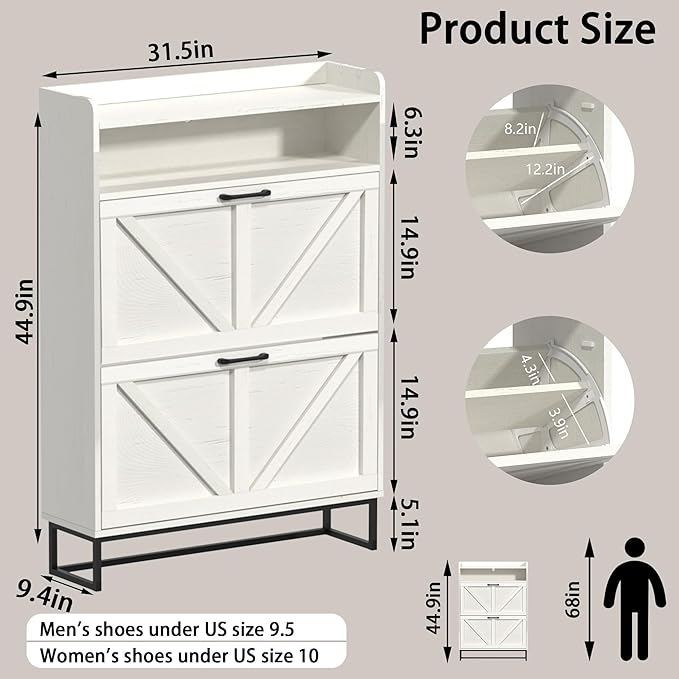 Hidden Shoe Storage Cabinets with 2 Flip Drawers and Extra Storage, Freestanding Narrow Shoe Organizer Rack for Entryway, White-NeatNest
