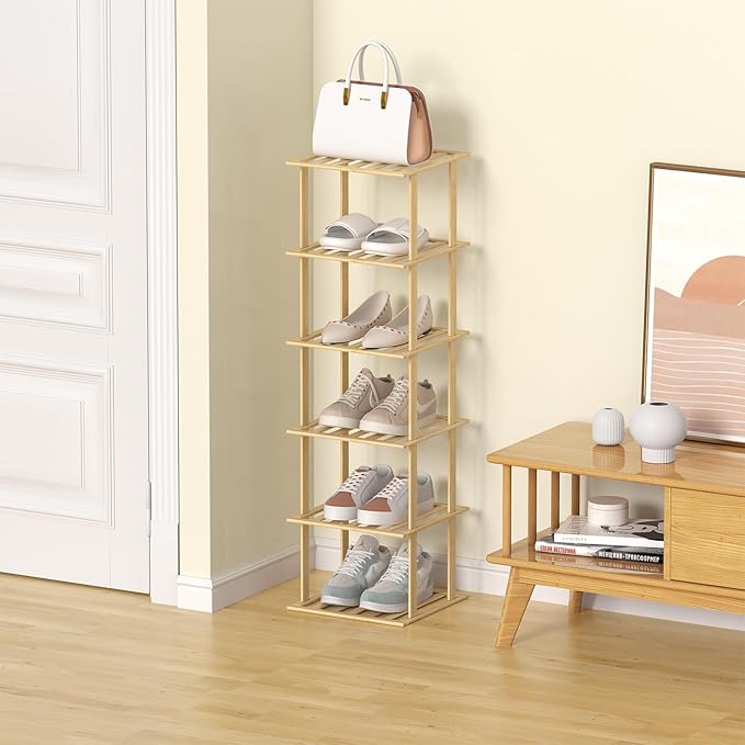 Bamboo Shoe Rack - Vertical Shoe Rack for Small Spaces, Skinny Shoe Shelf Space Saving Storage, Tall Vertical Narrow Shoe Rack for Front Door Entrance Closet Corner Garage-NeatNest