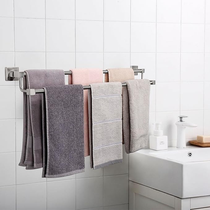TocTen Double Bath Towel Bar - Thicken SUS304 Stainless Steel Towel Rack for Bathroom, Bathroom Accessories Double Towel Rod Heavy Duty Wall Mounted Square Towel Holder(Brushed Nickel, 30 INCH)