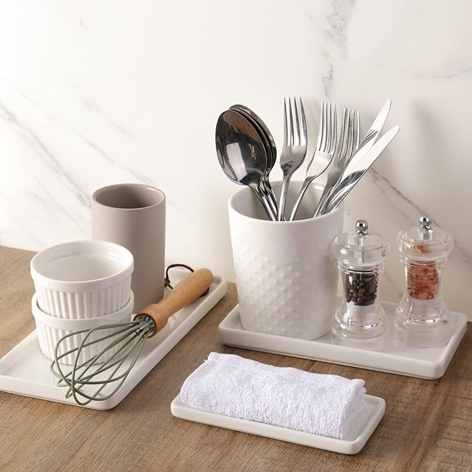 Gurygo 2 Pack 10" Bathroom Tray, Ceramic Vanity Trays for Bathroom, Small Ceramic Trays, Kitchen Soap Tray for Kitchen Counter (White, 10",Set/2)-NeatNest
