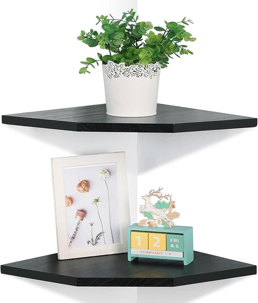 Corner Wall Shelves Set of 2, Rustic Wood Corner Floating Shelves with Cable Raceway, Wall Mount Storage Display for TV Accessories, Baby Monitor, Speaker, Cable Box (Black, Diamond- 10 Inch)-NeatNest