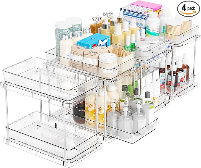 Yieach 4 Pack Under Sink Organizers and Storage,Clear Acrylic Bathroom Organizer and Cabinet Organization for Makeup,Medicine,Two Tier Pull Out Cabinet Organizer Drawers for Pantry,Vanity Storage Bins-NeatNest