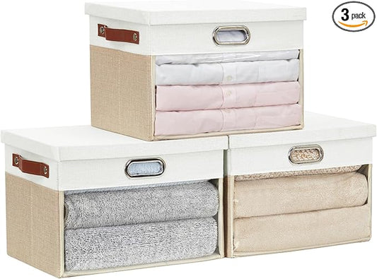 Fabric Clear Window Storage Bins with Lid, Closet Storage Box Linen Closet Baskets with 3 Handles for Organizing Clothing, Jeans, Shelves 15''- 3 Pack (Beige and White)
