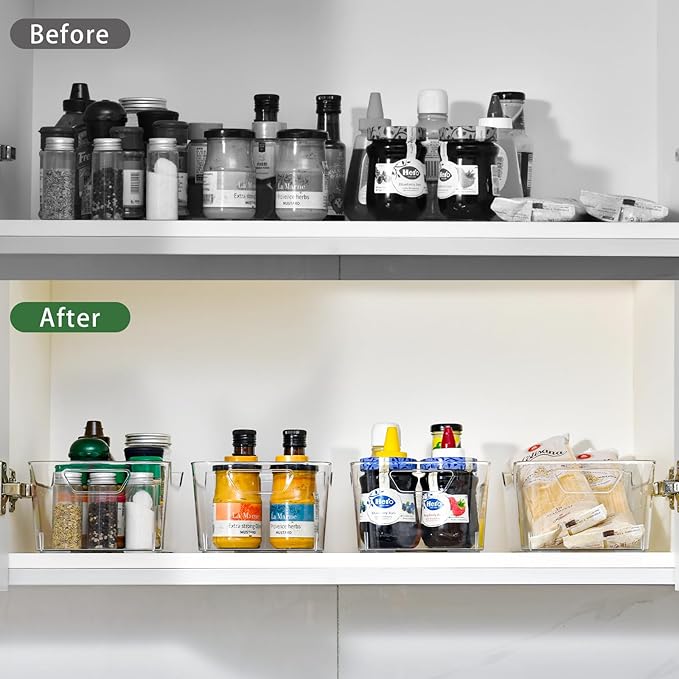 Clear Plastic Storage Bins,12 Pack Pantry Organizers and Storage, Clear Pantry Organizer Bins, Plastic Containers with Handle for Kitchen,Freezer,Cabinet,Closet,Bathroom Under Sink Storage-NeatNest