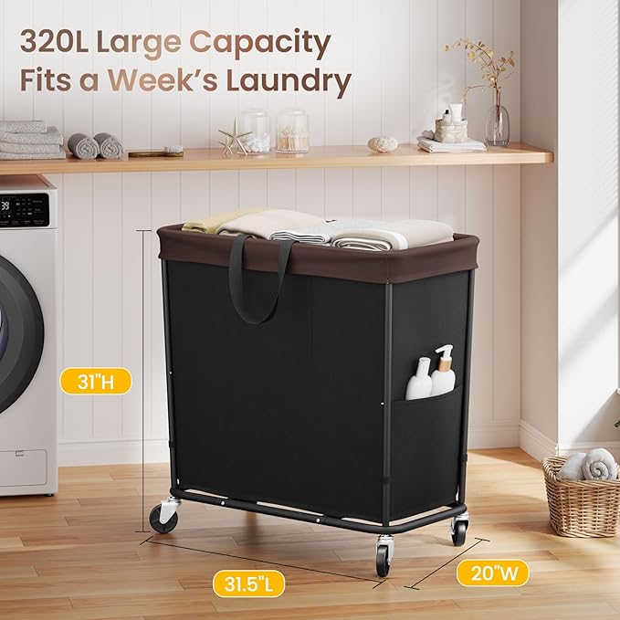 320L Laundry Basket with Wheels, 3-Section Rolling Hamper for Laundry, Extra Large Laundry Hamper with Wheels, Clothes Hamper Rolling Laundry Basket for Home, Bathrooms and Dorm(Black)