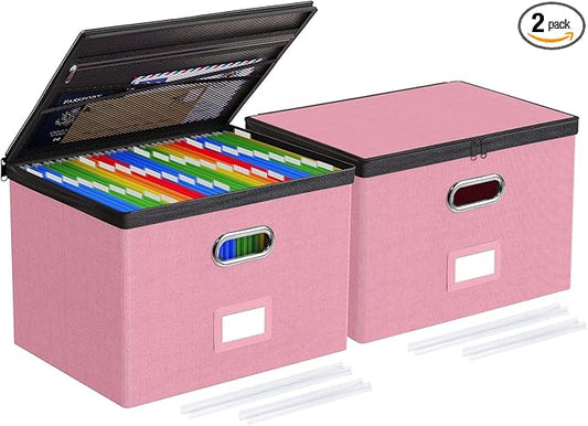 Oterri 2 Pack Large File Organizer Boxes with Lids, File Box with Mesh Pockets, Document Organizer Box for Legal/Letter Size Folders, Zippers Important Document Organizer (Pink, Without Folders)