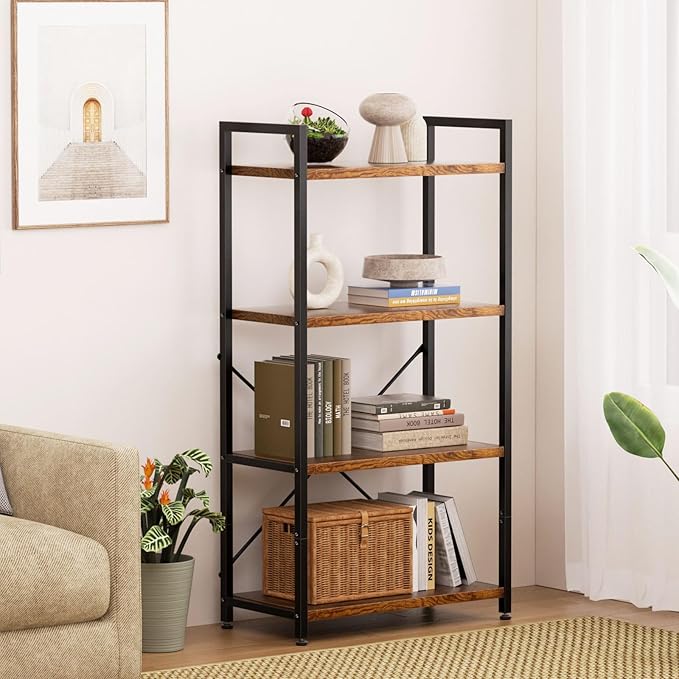 Casaottima Book Shelf, 4 Tier Bookshelf, Modern Wood Bookcase Shelves for Bedroom, Industrial Display Shelf for Living Room Home Office Kitchen, Standing Shelving Unit Storage Organizer, Vintage-NeatNest