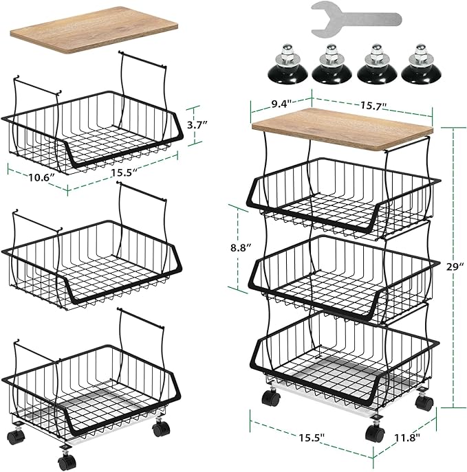 Rolling Kitchen Cart with Wood Top - 4-Tier Wire Basket Organizer for Fruits, Vegetables, Pantry Storage - Stackable, Mobile Cart with Wheels for Kitchen, Home, Office