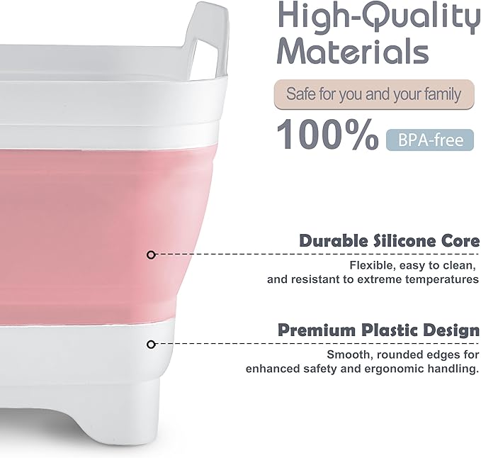 2.4 Gal(9L) Collapsible Dish Basin with Drain Plug, Space Saving Outdoor Multiuse Foldable Sink Tub, Dishpan, Kitchen Storage Tray for Camping, Vegetable Washing, RV (Pink)-NeatNest