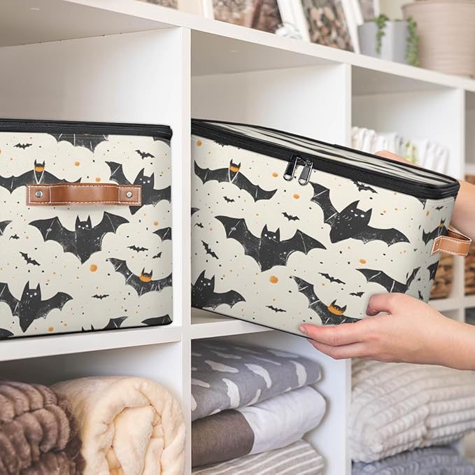 Halloween Theme Storage Bins with Lids, Bat Fabric Storage Boxes with Zipper, Collapsible Decorative Closet Organizer Cube for Clothes,Organizing, Shelves-NeatNest